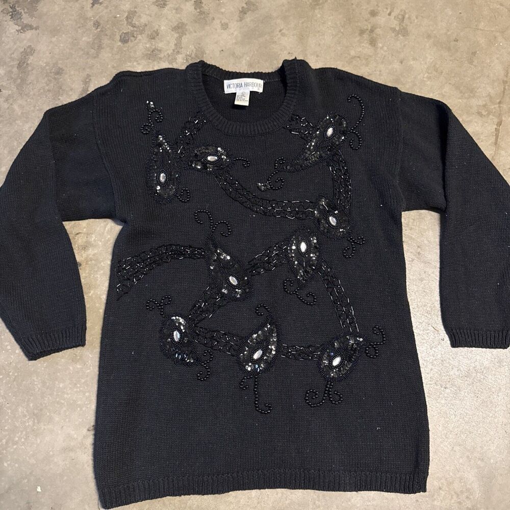 Vintage 80s Victoria Harbour Women sweater Black Large Beaded Rhinestone Sequin‎